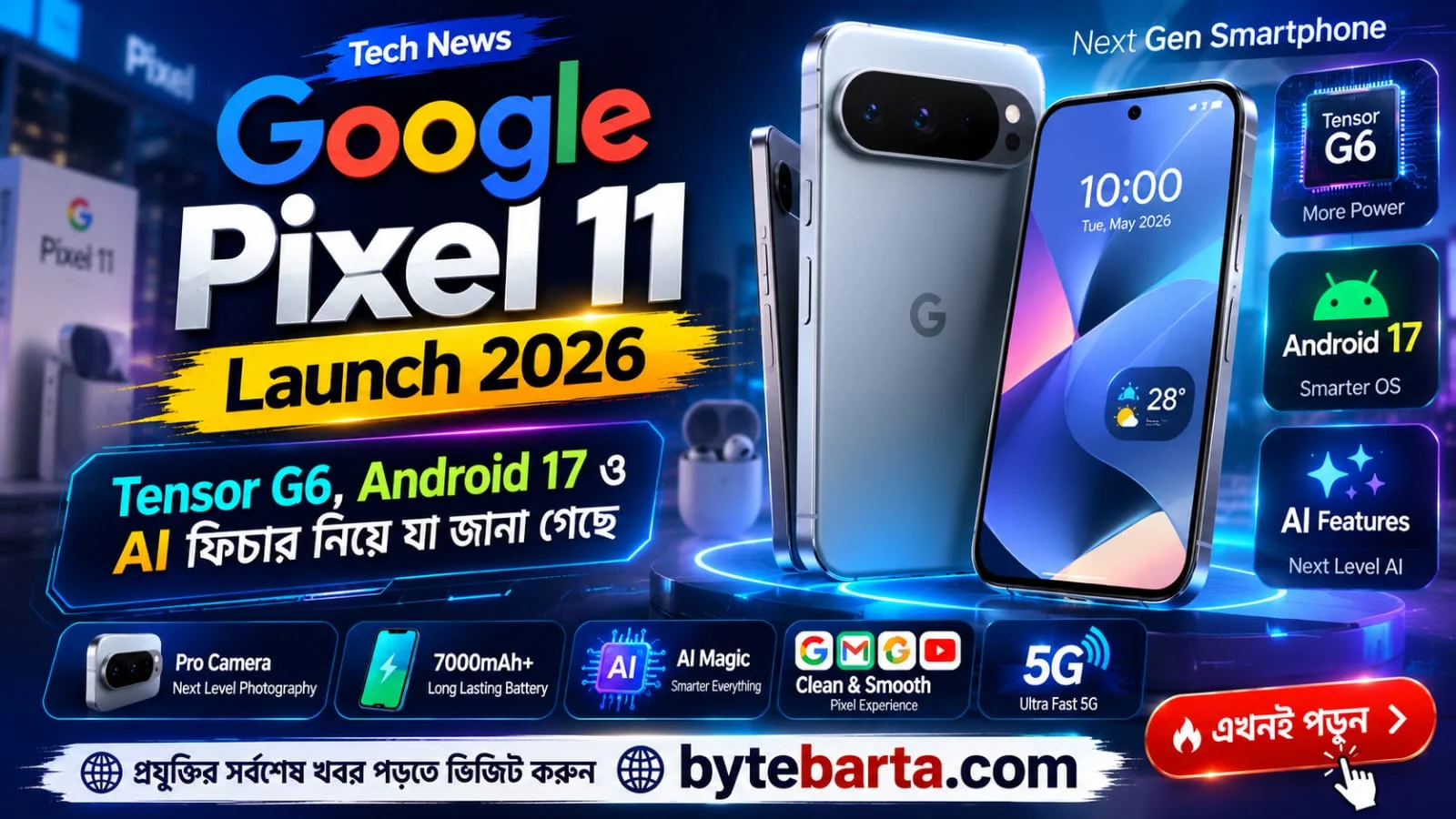 Google Pixel 11 Launch 2026 স্মার্টফোনের প্রতীকী